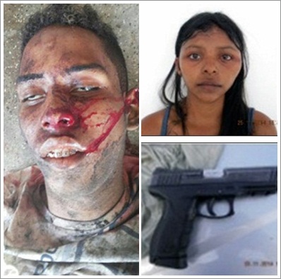 João Vitor , morto em confronto com a polícia; Mikaela, namora do 'Boca' presa em Bacabal, e a arma da PC apreendida com o suspeito morto
