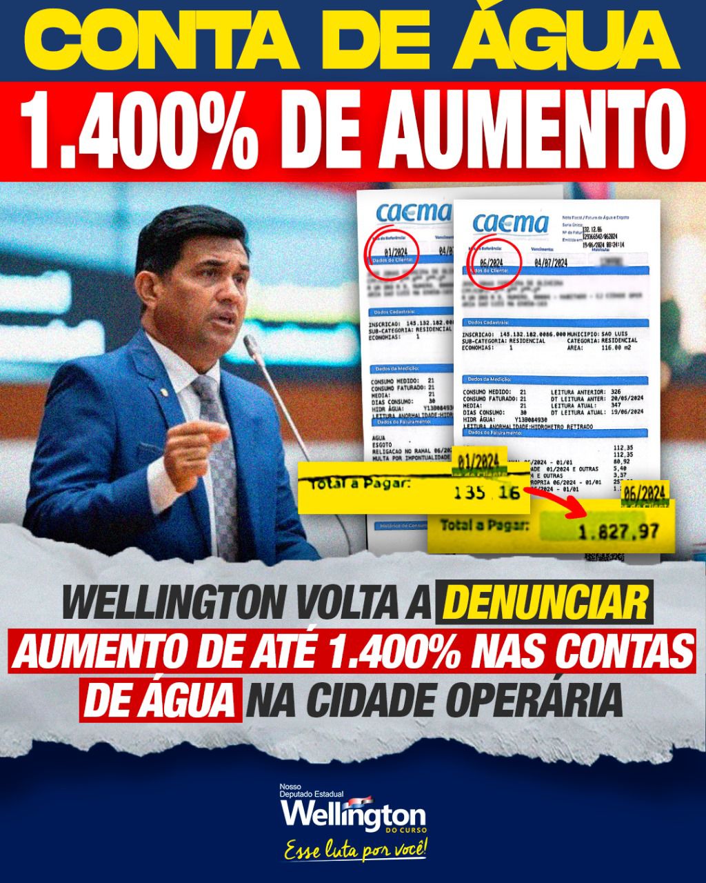 Pré-candidato a prefeito Wellington volta a denunciar aumento de até 1.400% nas contas de água em São Luís